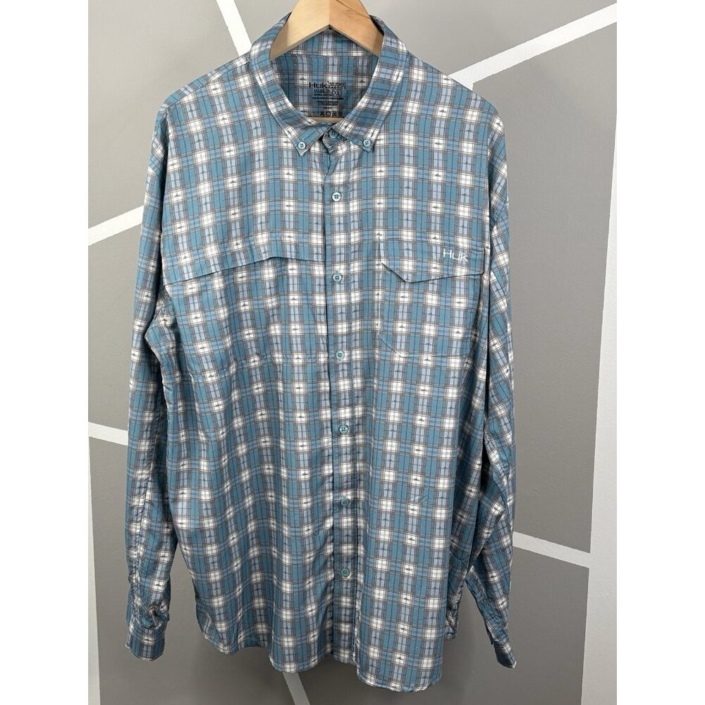 HUK Tide Point Woven Fishing Shirt Men’s XL Vented Blue Plaid Performance